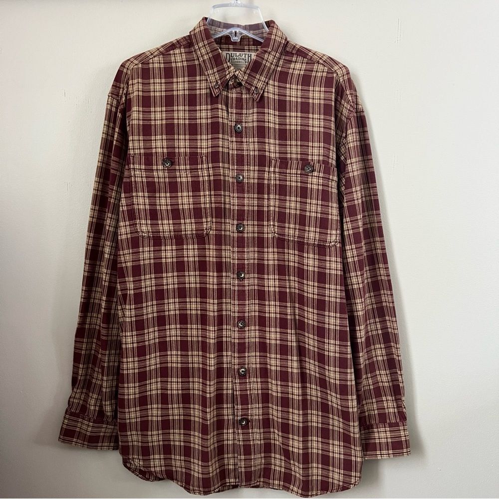 Duluth Trading Co Men's Burgundy Plaid Button Down Work Camping Shirt SZ L Tall